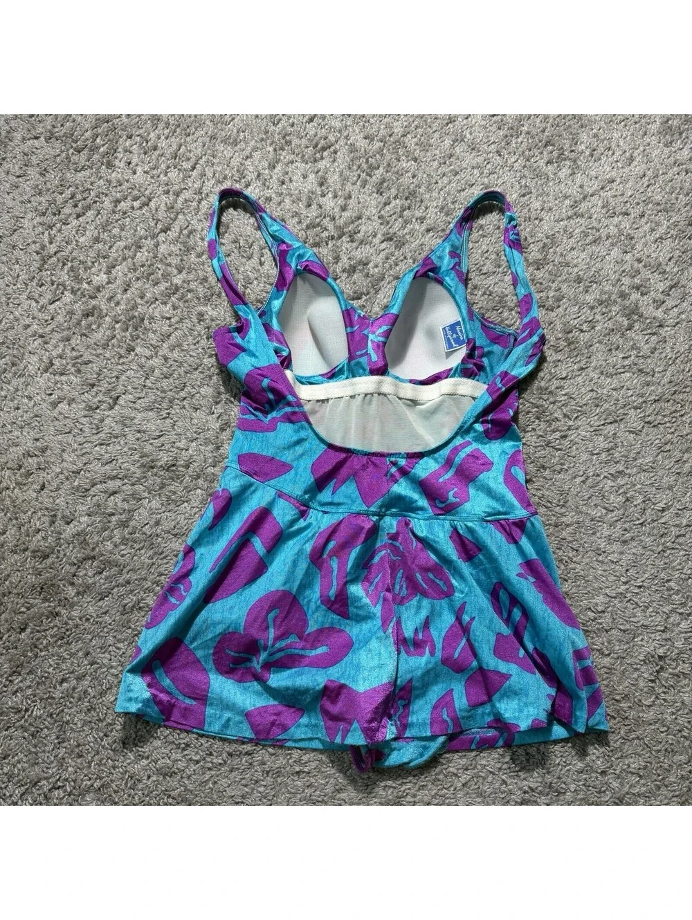 VTG Maxine of Hollywood Women Swim Dress One Piece Blue Purple Floral Size 8